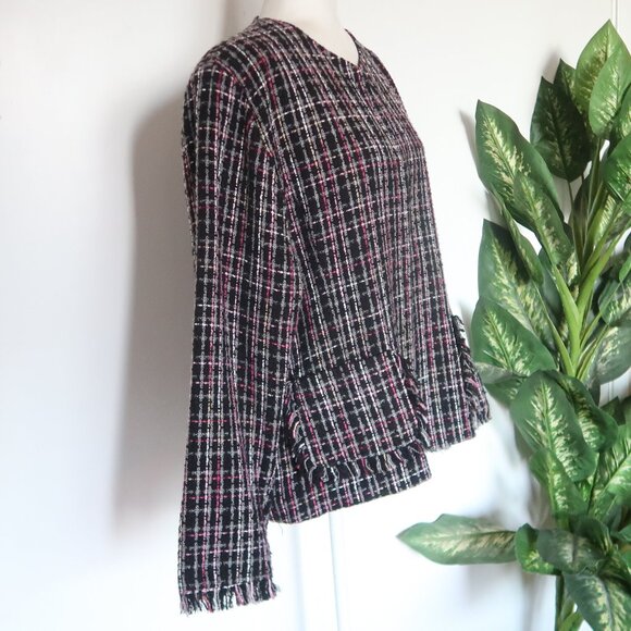 Chico’s Black Pink Tweed Plaid Jacket Blazer Office Career Fall Winter L Large - Picture 5 of 15